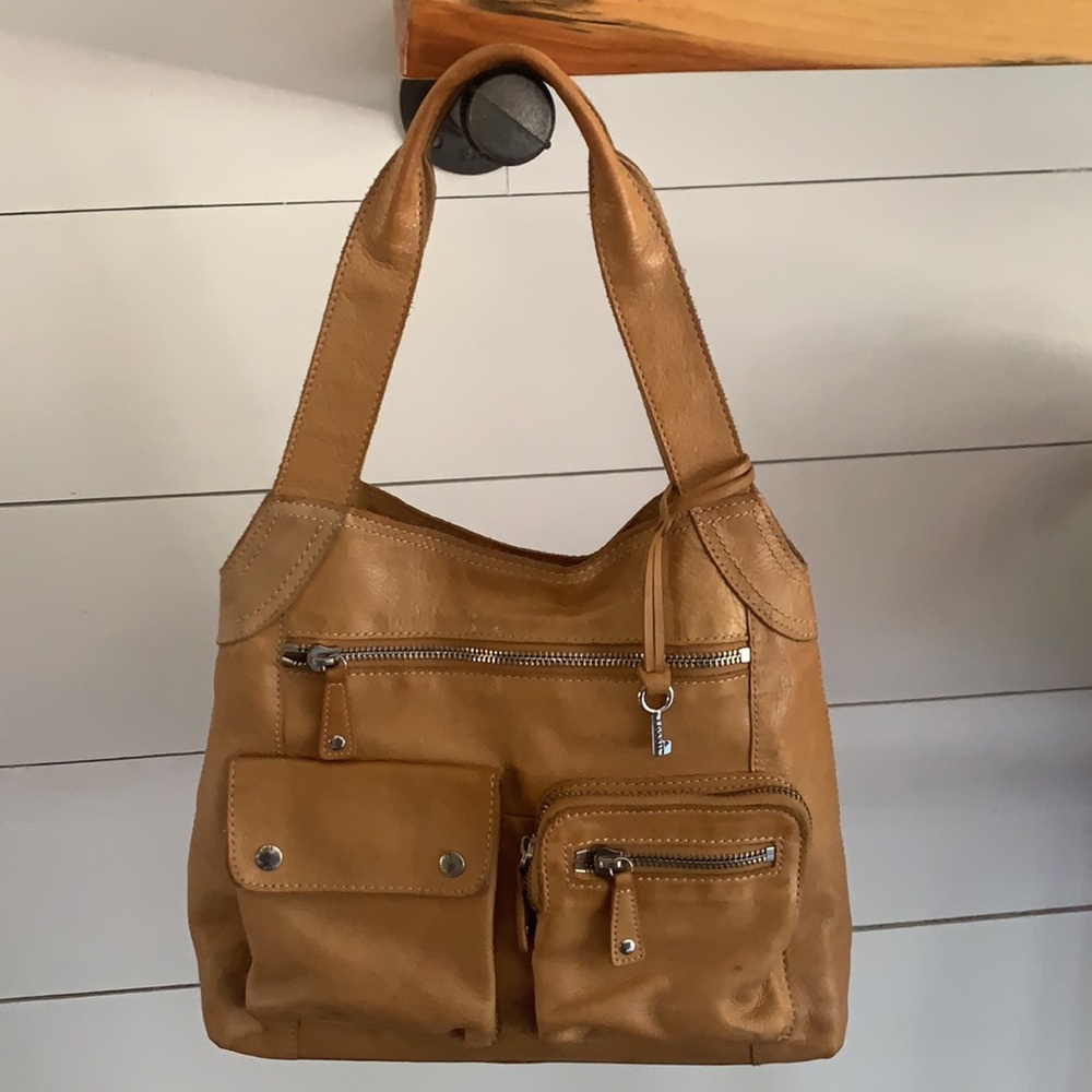 Cute Boho Fossil Cognac Leather Vintage Look Shoulder Bag